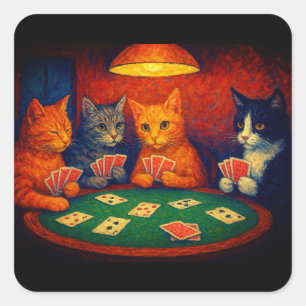 Sticker Carré Chats Jouant aux Cartes