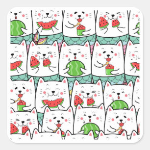 Sticker Carré Chats mangeant de la pastèque