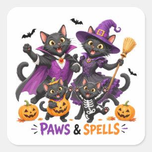 Sticker Carré Chats mignons d'Halloween Pattes et Sortilèges