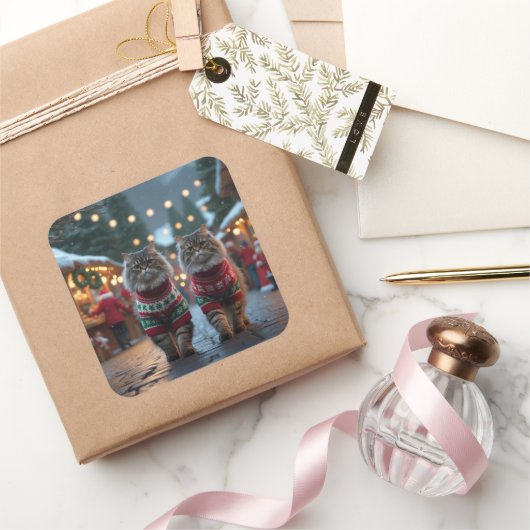 Sticker Carré Chats Persans Noël Neige Vacances (Cadeaux)