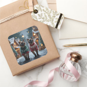 Sticker Carré Chats siamois Noël Neige Fêtes