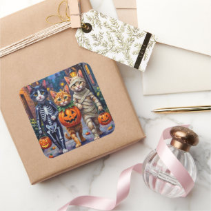 Sticker Carré Chats Smokings faisant Trick-or-Treating dans un c