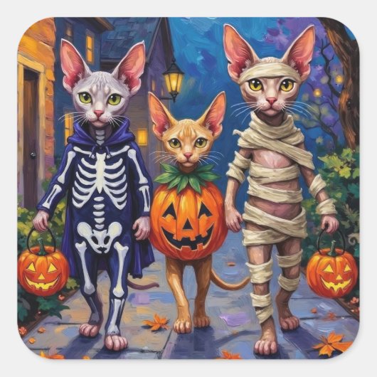 Sticker Carré Chats Sphynx faisant Trick-or-Treating en costume (Devant)