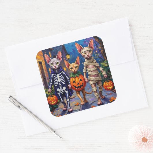 Sticker Carré Chats Sphynx faisant Trick-or-Treating en costume (Enveloppe)