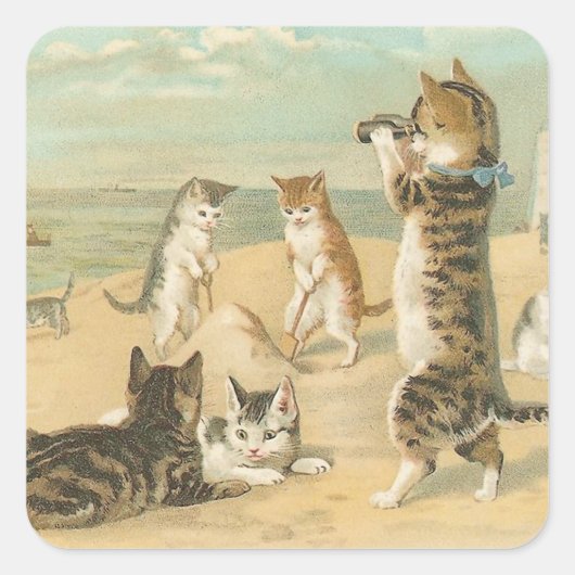 Sticker Carré "Chats sur la plage" Vintage (Devant)