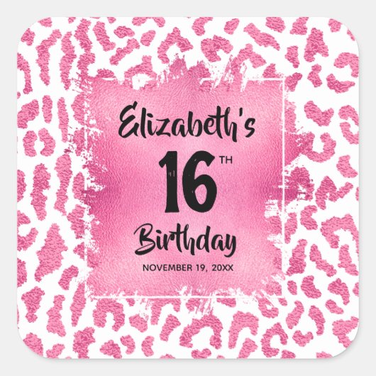 Sticker Carré Chaud Pink Leopard Sweet 16 Anniversaire (Devant)