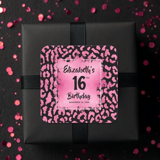 Sticker Carré Chaud Pink Leopard Sweet 16 Anniversaire