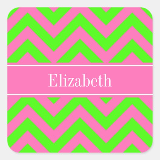 Sticker Carré Chaud rose #2 Lime Green LG Chevron Nom Monogramme (Devant)