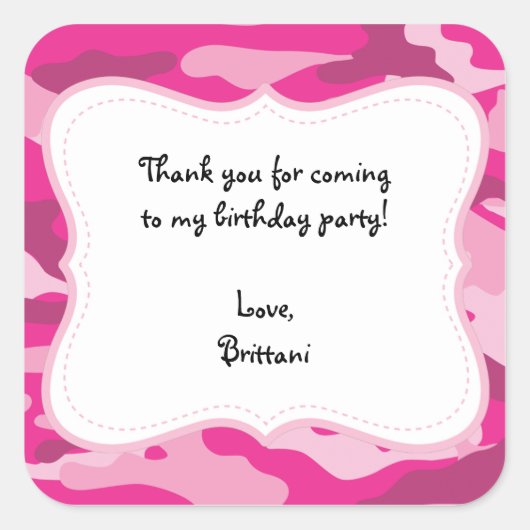 Sticker Carré Chaud rose Camo Anniversaire Fête Favoriser Sticke (Devant)