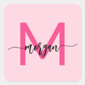 Sticker Carré Chaud rose moderne Script Girl Monogramme Nom (Devant)