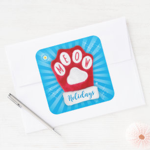 Sticker Carré Chausson de Noël Chat Mignon Patte Rouge MEOW