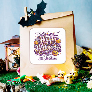 Sticker Carré Chauves-souris drôles et citrouilles Joyeux Hallow