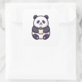 Sticker Carré Cheerful Panda with Tea – Cute Whimsical Illustrat (Sac)