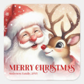 Sticker Carré Cheerful Santa and Rudolph Custom Christmas Label (Devant)