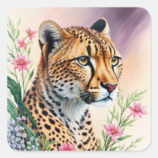 Sticker Carré Cheetah Floral Peinture Feline Art (Devant)
