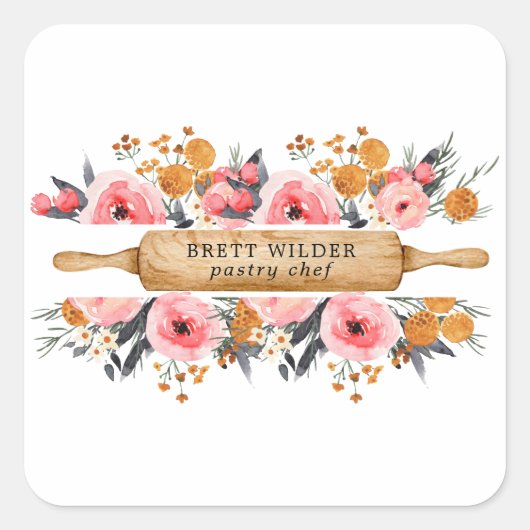 Sticker Carré Chef pâtissier Baker Rolling Pin Floral (Devant)