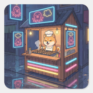 Sticker Carré Chef Shiba's Neon Takoyaki Stand