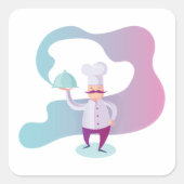 Sticker Carré Chef souriant avec Moustache et plateau de service (Devant)