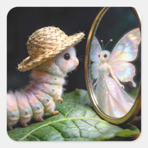 Sticker Carré Chenille floue regardant un papillon fée
