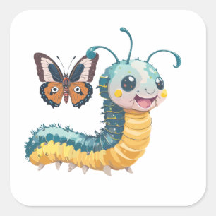 Sticker Carré Chenille Mignonne Avec Visage Heureux Et Papillon