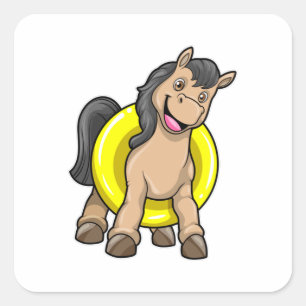 Sticker Carré Cheval à la plage avec anneau de natation