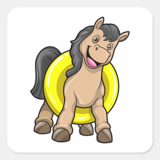 Sticker Carré Cheval à la plage avec anneau de natation (Devant)