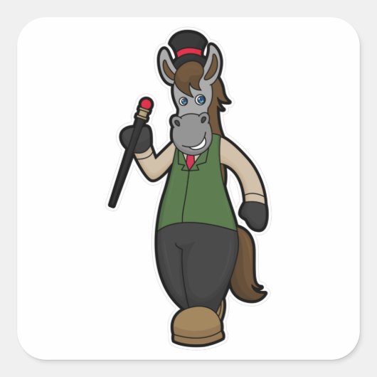 Sticker Carré Cheval avec Casquette & Canne (Devant)