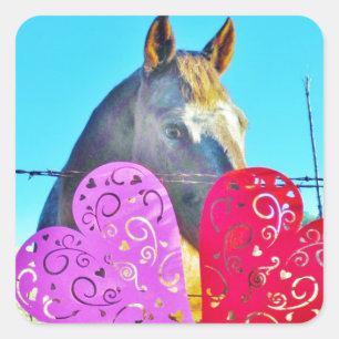 Sticker Carré Cheval blanc et Brown Valentine Coeurs