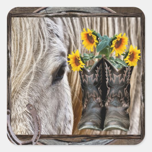 Sticker Carré Cheval Boots Cowboy Sunflowers Horseshoe (Devant)
