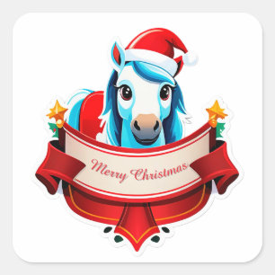 Sticker Carré Cheval de Noël joyeux avec bannière
