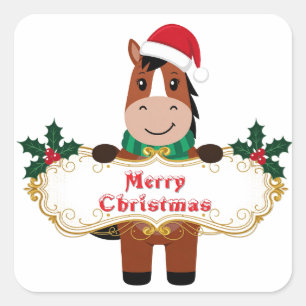 Sticker Carré Cheval de Noël joyeux avec bannière