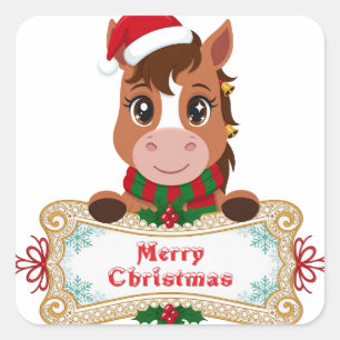 Sticker Carré Cheval de Noël joyeux avec bannière