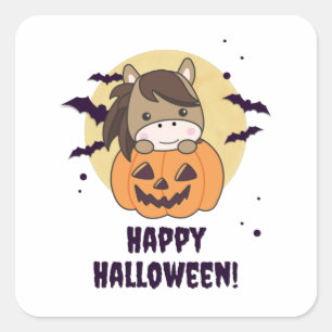 Sticker Carré Cheval En Chevaux Doux Citrouille Joyeux Halloween