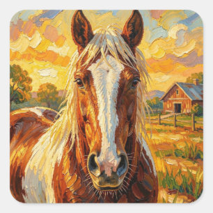 Sticker Carré Cheval en impasto dans une ferme  