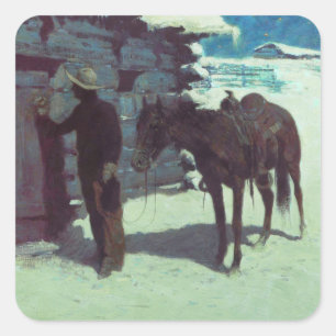 Sticker Carré Cheval et Cowboy neige hivernale