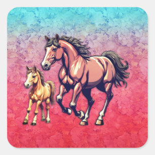 Sticker Carré Cheval et poulain sur Arrière - plan texturé