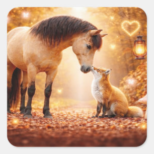 Sticker Carré Cheval et Renard Fantasy Woodland Mignon