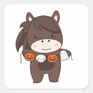 Sticker Carré Cheval Happy Halloween Citrouille Chat Costume Car