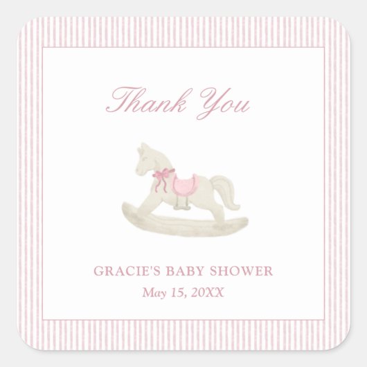 Sticker Carré Cheval rose Fille Baby shower Merci (Devant)