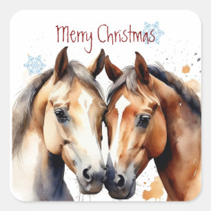 Sticker Carré Chevaux d'aquarelle de Noël