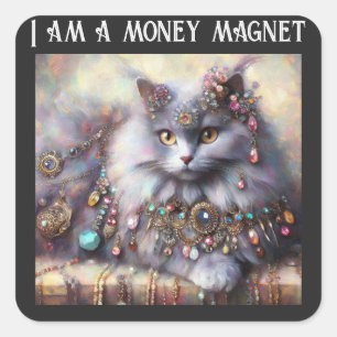Sticker Carré Cheveux longs Gray Kitty Chat portant des pierres