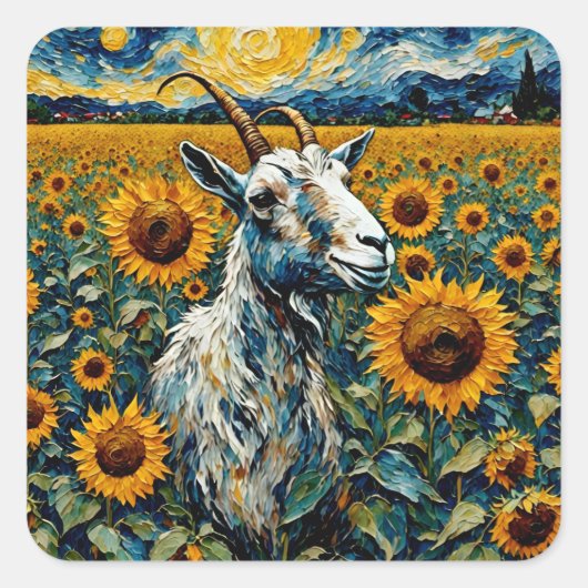 Sticker Carré Chèvre adorable dans un champ de tournesol (Devant)