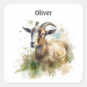Sticker Carré Chèvre de ferme à l'aquarelle, personnalisable