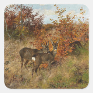 Sticker Carré Chevreuil avec feuilles d'automne Faune vintage