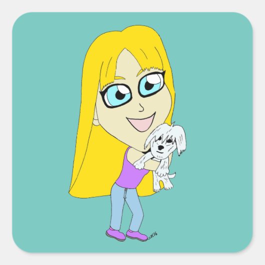 Sticker Carré Chibi avec un chiot (Devant)