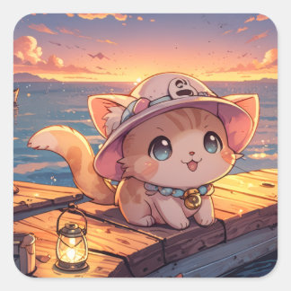 Sticker Carré Chibi Chat Mignon au Coucher de Soleil du Port – F