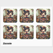 Sticker Carré Chibi Fairy Eating Blackberries with Forest Friend (Feuille)