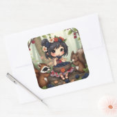 Sticker Carré Chibi Fairy Eating Blackberries with Forest Friend (Enveloppe)