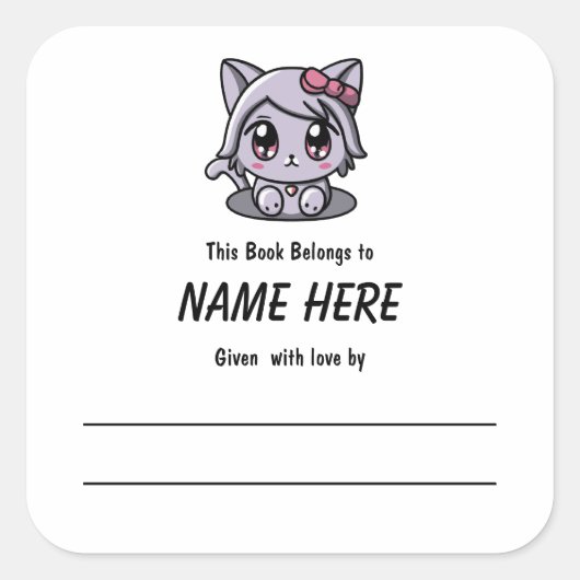 Sticker Carré Chibi Purple Chat Plaque Enfants avec message (Devant)