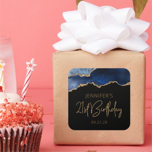 Sticker Carré Chic Agate Geode Blue Gold 21e fête d'anniversaire (Fête)